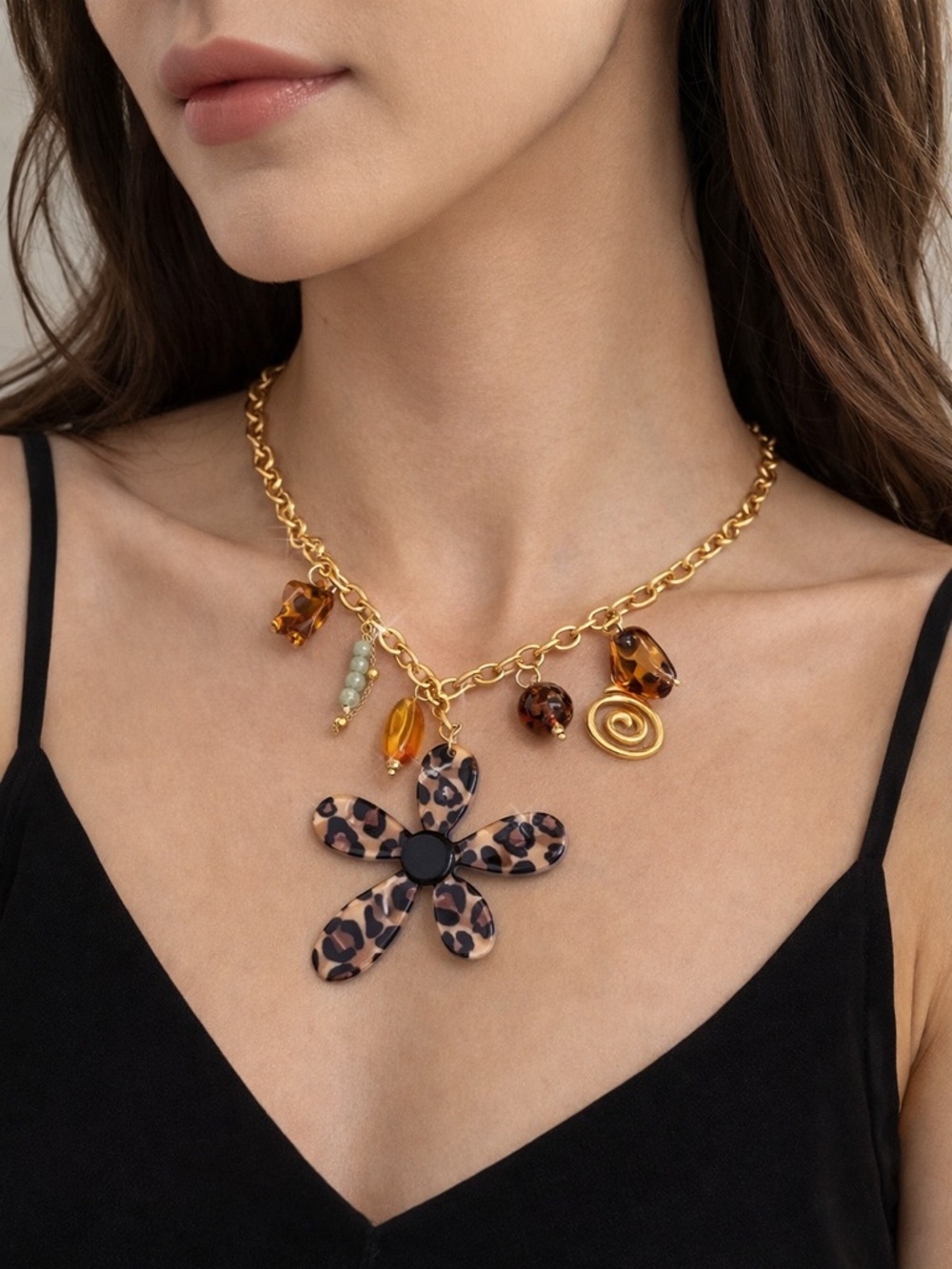 Leopard Resin Clover Charm Necklace‎ 18”